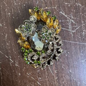 Vintage AB Crystal Green Amber White‎ Rhinestone Silver Tone Cluster Brooch